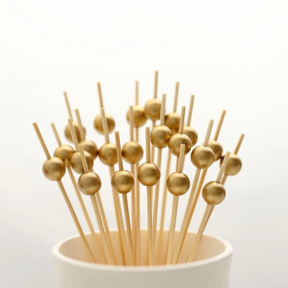 BalsaCircle 100 Light Brown 4.5" Natural Bamboo Skewers Cocktail Picks Gold Pearls