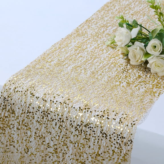 BalsaCircle 11x108 in Gold Metallic Sequin Mesh Polyester Table Runner Party Decorations Wedding Events Supplies