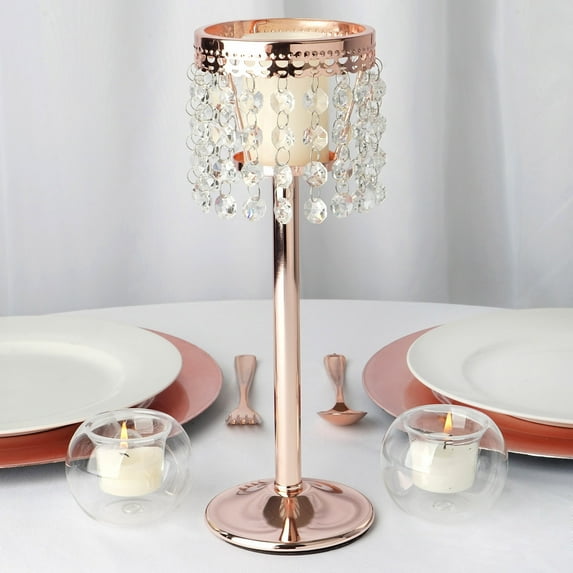 BalsaCircle 12" Faux Crystal Candle Holder Wedding Centerpiece Rose Gold