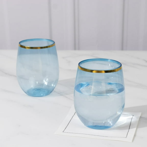 Balsa Circle 12 Gold Rim 12 oz Dusty Blue Disposable Plastic Stemless Wine Glasses