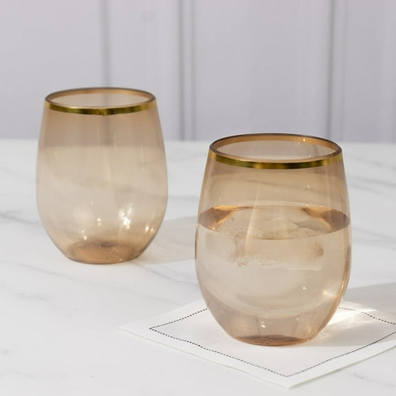 Balsa Circle 12 Gold Rim 12 oz Gold Disposable Plastic Stemless Wine Glasses