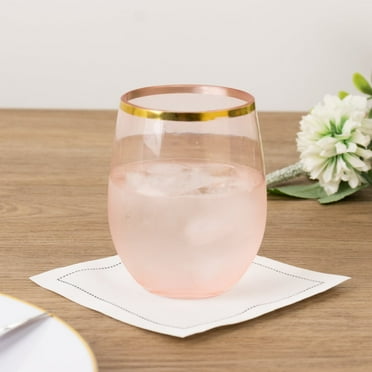 BalsaCircle 12 Gold Rim 14 oz Transparent Blush Disposable Plastic Stemless Wine Glasses