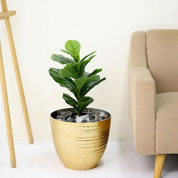 Balsa Circle 12" Gold Round Metallic Plastic Flower Plant Pot Horizontal Lines Design