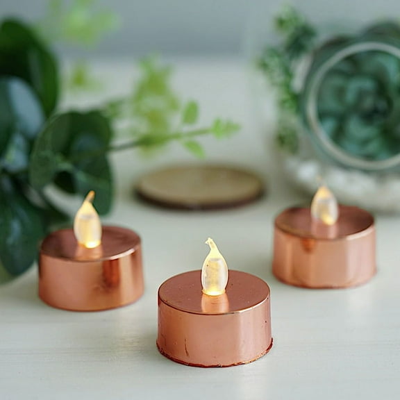 BalsaCircle 12 Metallic Rose Gold LED Battery Operated Tealight Candles Lights Wedding Centerpieces Decorations