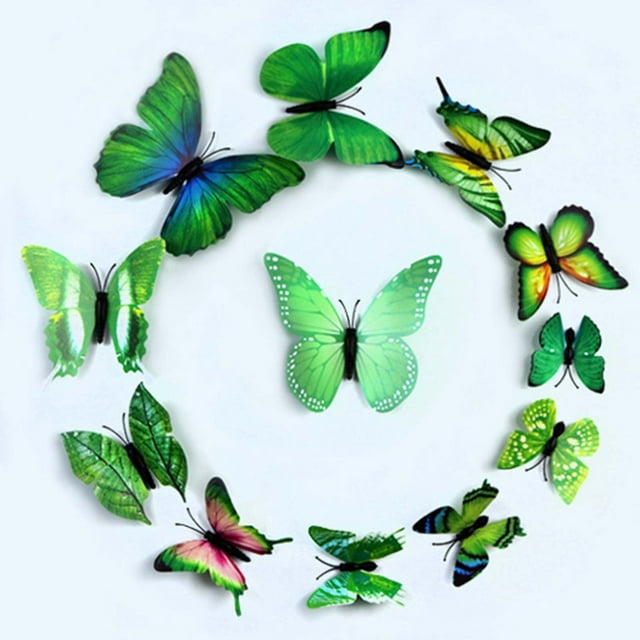 BalsaCircle 12 Pieces 3D Green Butterfly Stickers Wall Decals Crafts Scrapbooking Favors