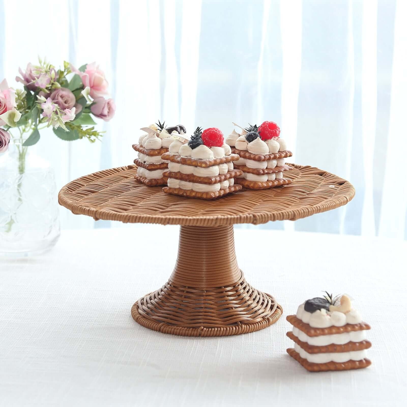 BalsaCircle 12 in Natural Round Plastic Rattan Wicker Pedestal Cake Stand