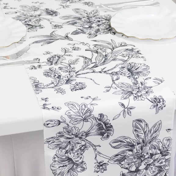 Balsa Circle 12" x 108" White with Black Floral French Toile Polyester Table Top Runner Wedding Party Decor