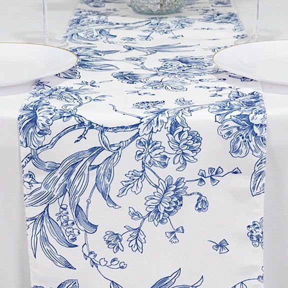 Balsa Circle 12" x 108" White with Blue Floral French Toile Polyester Table Top Runner Wedding Party Decor