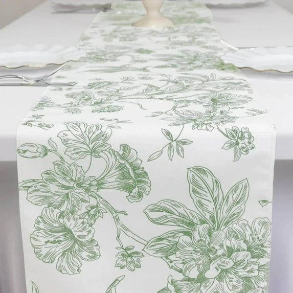Balsa Circle 12" x 108" White with Dusty Sage Green Floral French Toile Polyester Table Top Runner Wedding Party Decor