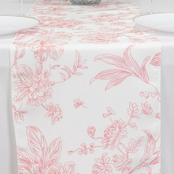 Balsa Circle 12" x 108" White with Pink Floral French Toile Polyester Table Top Runner Wedding Party Decor