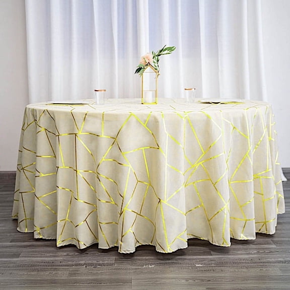 Balsa Circle 120" Beige Gold Metallic Geometric Design Polyester Round Tablecloth Catering
