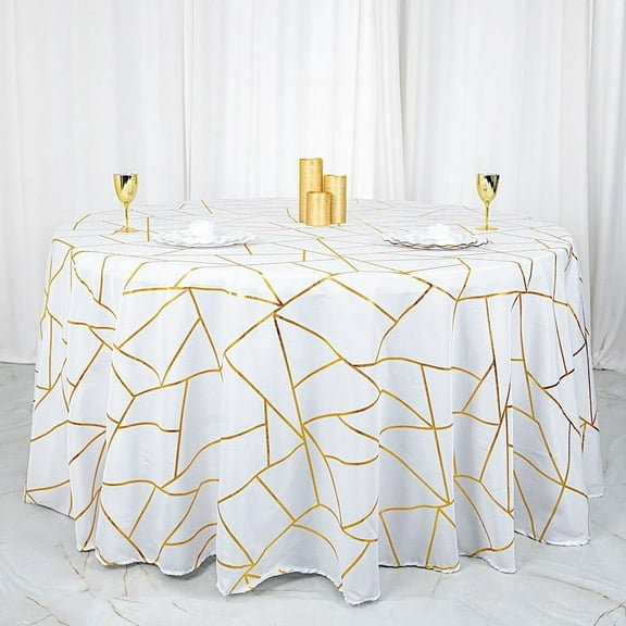 Balsa Circle 120" White Gold Metallic Geometric Design Polyester Round Tablecloth Catering