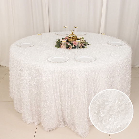 Balsa Circle 120 in White Shaggy Fringe Polyester Round Tablecloth Wedding Party Events Home Decorations Supplies