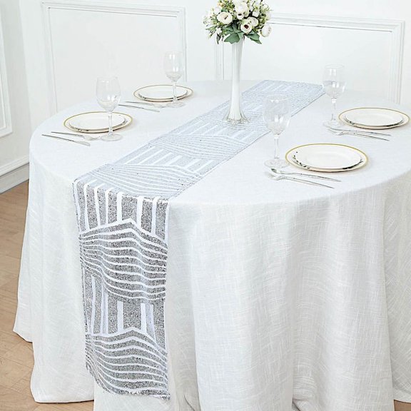 BalsaCircle 12x108" Silver Sequined Geometric Design Tulle Table Runner Party Events Reception Decorations Supplies