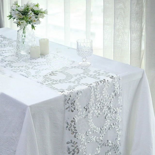 BalsaCircle 12x108" Silver Tulle Embroidered Leaves Vines Sequins Table ...