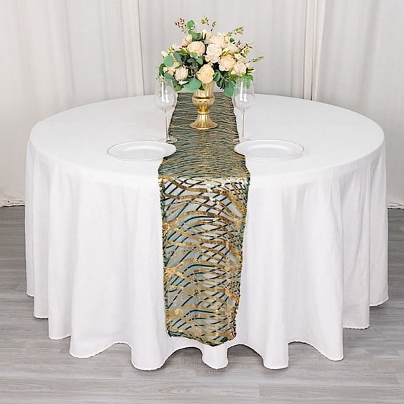 BalsaCircle 12x108 in Hunter Green Gold Mesh Wavy Embroidered Sequins Table Runner Party Events Reception Decorations Supplies