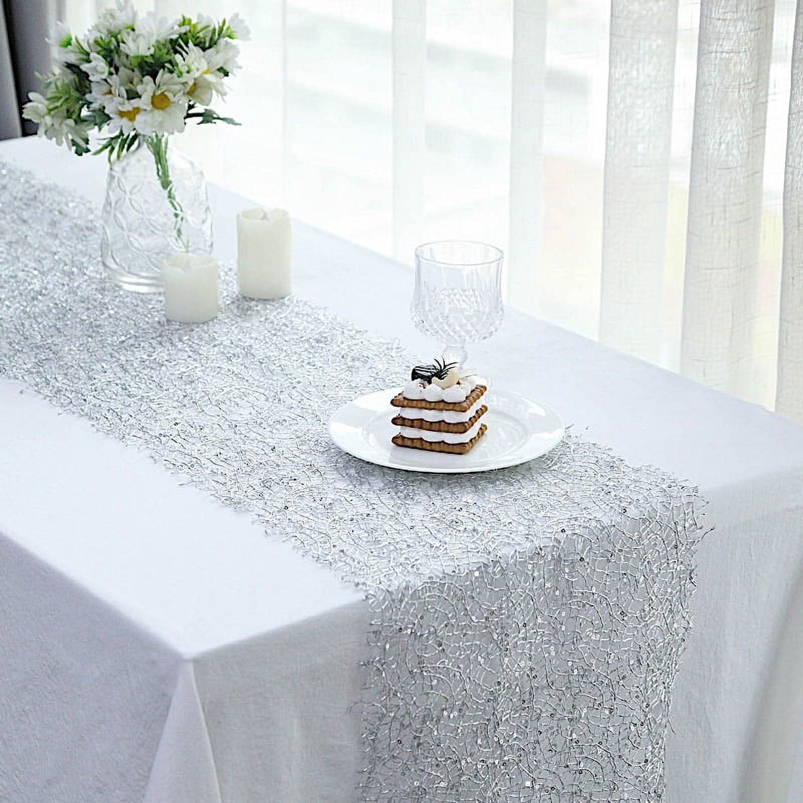 BalsaCircle 12x108 in Silver Sequin Mesh Schiffli Lace Table Runner ...