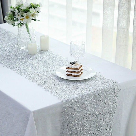 BalsaCircle 12x108 in Silver Sequin Mesh Schiffli Lace Table Runner Party Events Reception Decorations Supplies