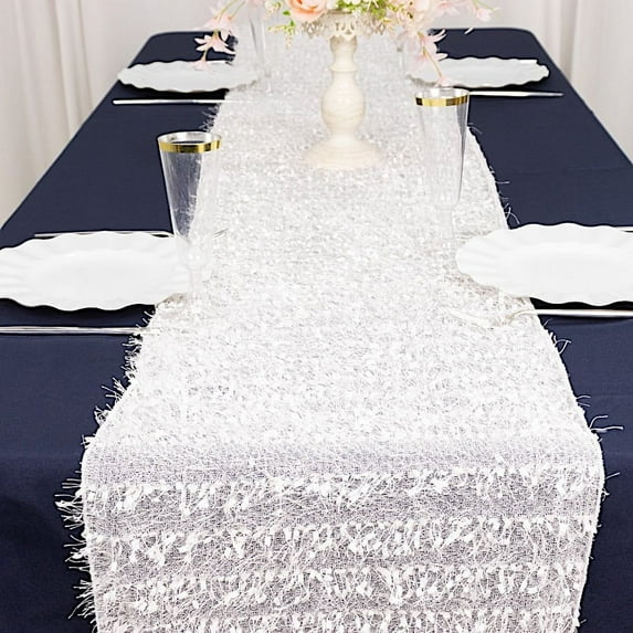 Balsa Circle 12x108 in White Shaggy Fringe Polyester Table Runner Wedding Party Events Home Decorations Supplies