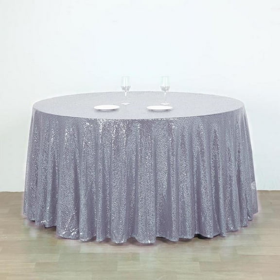 Balsa Circle 132" Sequin Round Tablecloth Wedding Party Linens Silver