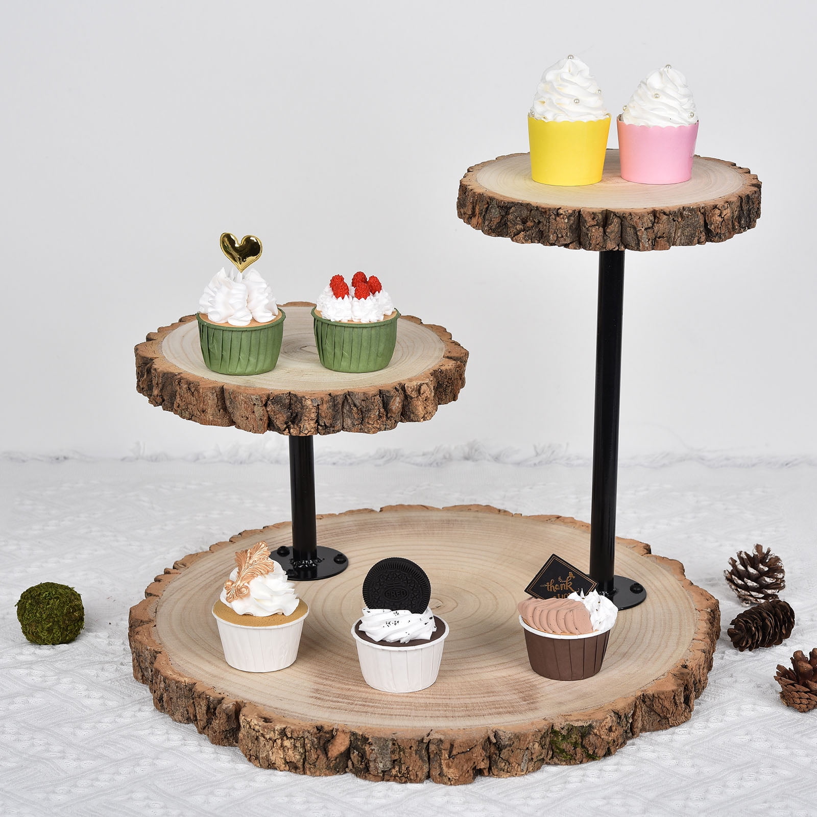 Rustic Round 3-Tier Natural Wood Dessert Stand