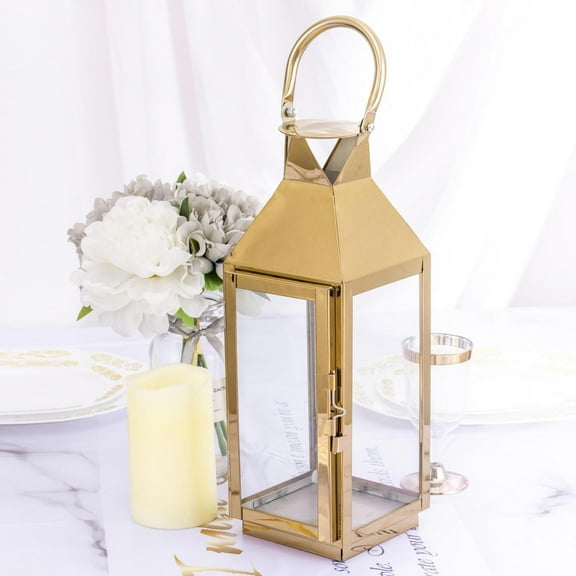 BalsaCircle 14" Gold Metal Lantern Candle Holder Wedding Party Centerpieces Decorations