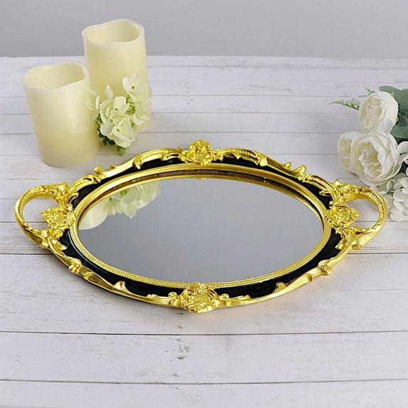 BalsaCircle 14" x 10" Black Gold Metallic Oval Mirror Serving Tray Handles