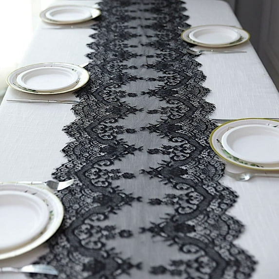 BalsaCircle 15x117" Black Premium Lace Table Runner Scalloped Edges Party Events Decorations