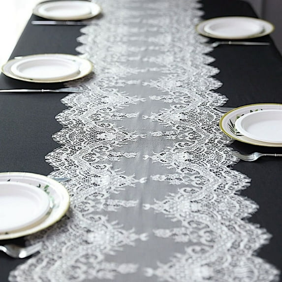 BalsaCircle 15x117" Ivory Premium Lace Table Runner Scalloped Edges Party Events Decorations