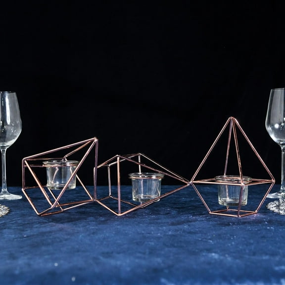 BalsaCircle 16.5" Rose Gold Jointed Geometric Stand Tealight Votive Glass Candle Holders Wedding