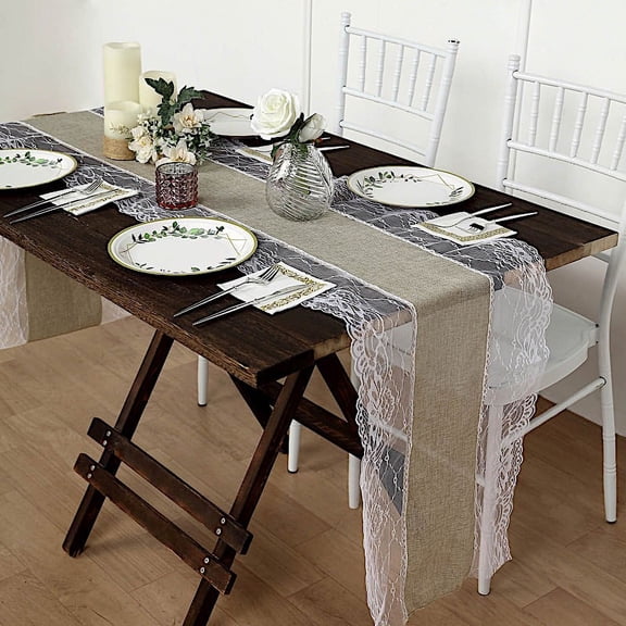 BalsaCircle 16" x 108" White Taupe Faux Burlap Lace Table Runner Party Catering Decorations