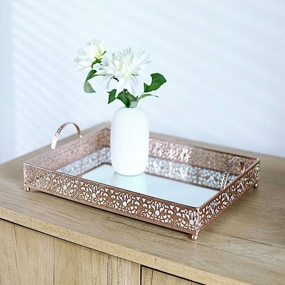 BalsaCircle 16x12" Rose Gold Metal Rectangle Fleur De Lis Trimative Mirror Serving Tray