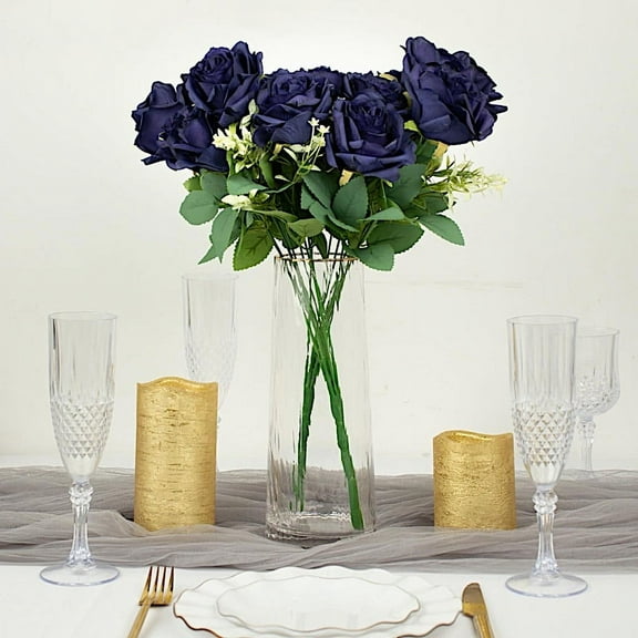 BalsaCircle 18" Navy Blue Silk Rose Bushes Artificial Flowers Wedding Party Decorations