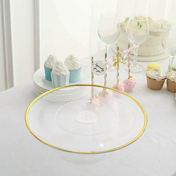 BalsaCircle 2 Clear 12 in Round Plastic CAKE STAND Dessert Pedestal Gold Trim Party Events Decorations
