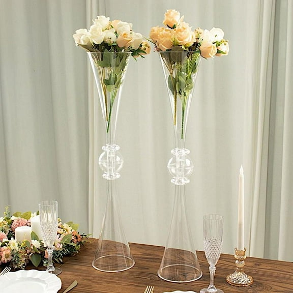 BalsaCircle 2 Clear 27" Plastic Reversible Trumpet Flower Vases Centerpieces Crystals Party Decorations