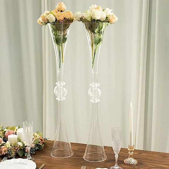 BalsaCircle 2 Clear 31" Plastic Reversible Trumpet Flower Vases Centerpieces Crystals Party Decorations