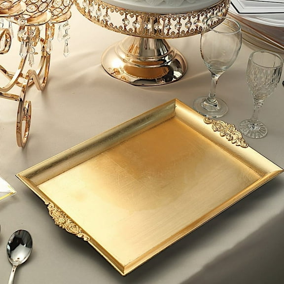 BalsaCircle 2 Gold 14" Rectangular Serving Trays Embossed Beach Rim Polypropylene