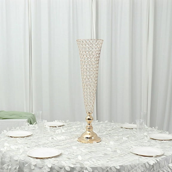 BalsaCircle 2 Gold Metal 32" Crystal Beaded Metal Trumpet Vases Centerpieces Paty Events Decorations Supplies