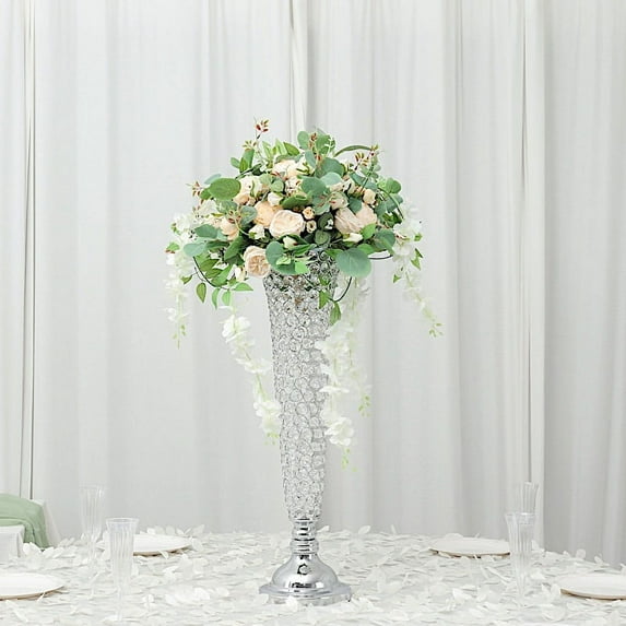 Balsa Circle 2 Silver Metal 28" Crystal Beaded Metal Trumpet Vases Centerpieces Party Events Decorations Supplies
