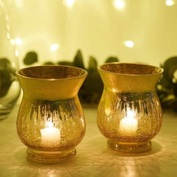 BalsaCircle 2 Pieces 6" Gold Crackle Glass Candle Holders Vases Reception Party Decorations