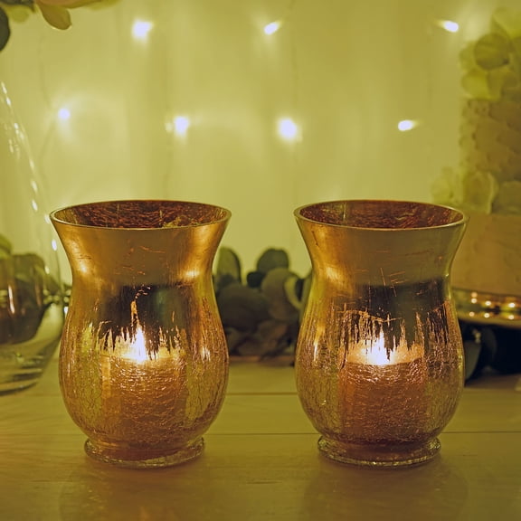 BalsaCircle 2 Pieces 8" Gold Crackle Glass Candle Holders Vases Reception Party Decorations