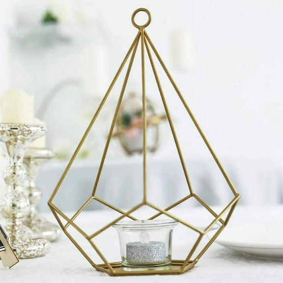BalsaCircle 2 Pieces 9" Gold Geometric Pentagon Hanging Candle Holders Party Centerpieces