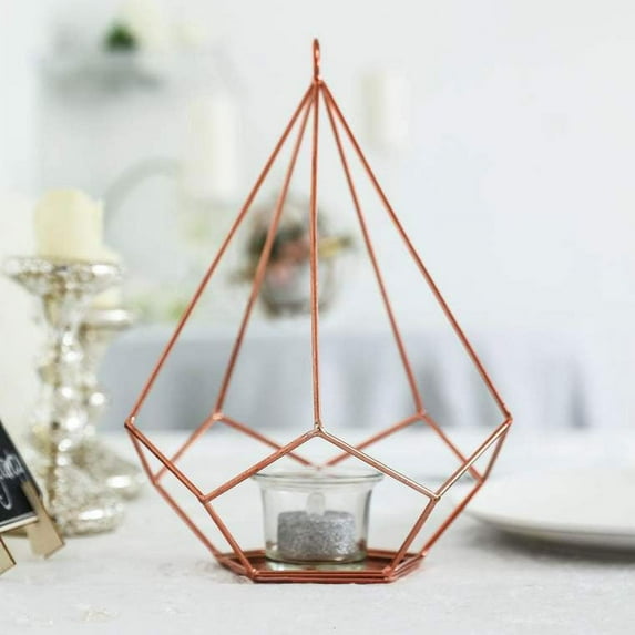 BalsaCircle 2 Pieces 9" Rose Gold Geometric Pentagon Hanging Candle Holders Party