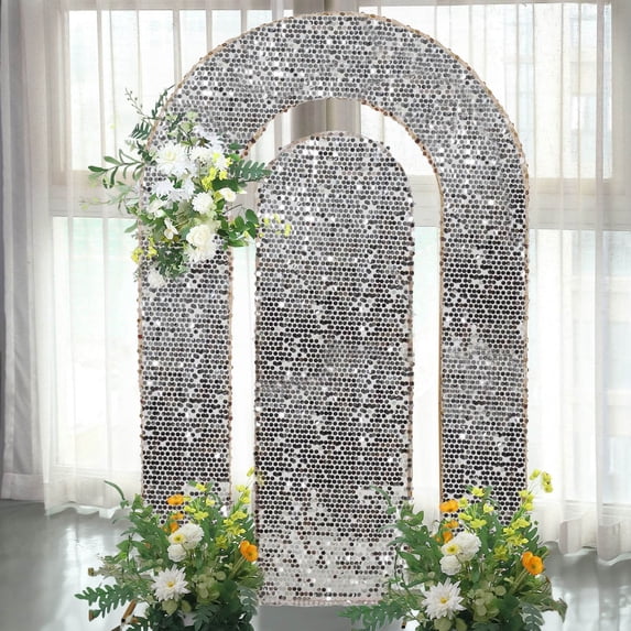 BalsaCircle 2 Silver Big Sequin Round Top Wedding Arch Backdrop Stand Covers Party Wedding Reception Events Decorations Supplies