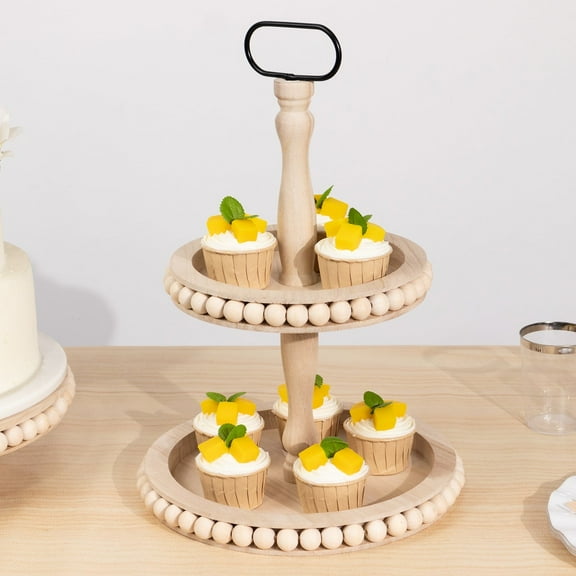 BalsaCircle 2-Tier Natural 17 in Beaded Wooden Serving Tray Stand With Metal Handle Wedding Centerpieces Decorations