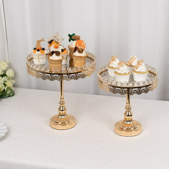 BalsaCircle 2 pcs 12" and 10" Gold Round Metal Pedestal Cake Stand with Mirror Top Party Display Dessert Riser Pedestal