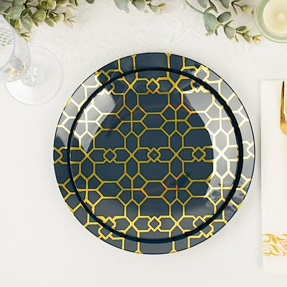 Balsa Circle 20 Disposable Navy Blue Plastic Dinner Salad Plates Gold Geometric Design Party Home Tableware