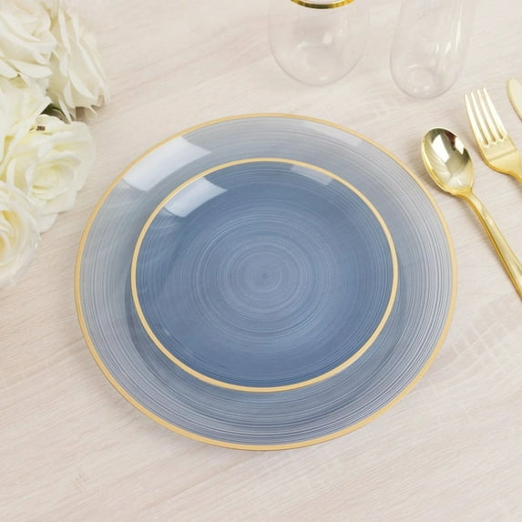 BalsaCircle 20 Dusty Blue 7" Round Transparent Plastic Dinner Dessert Plates with Gold Rim Birthday Party Tableware Wedding Reception Home Catering Events Decorations Supplies