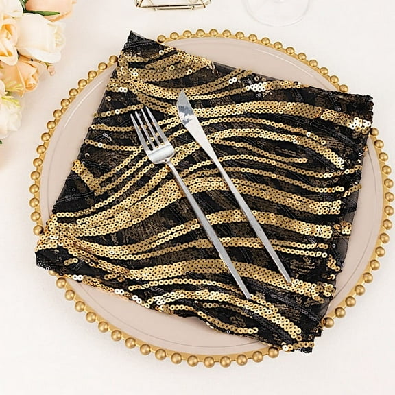 Balsa Circle 20x20 in Black Gold Wavy Embroidered Sequin Tulle Net Fabric Table Napkin Party Events Decorations Supplies