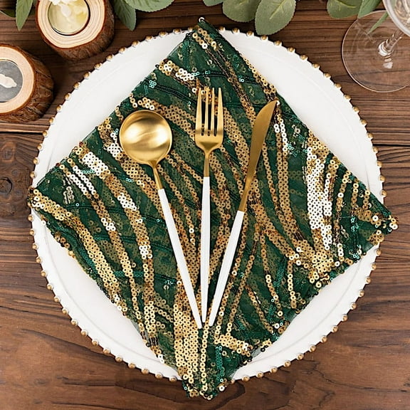 Balsa Circle 20x20 in Hunter Green Gold Wavy Embroidered Sequin Tulle Net Fabric Table Napkin Party Events Decorations Supplies